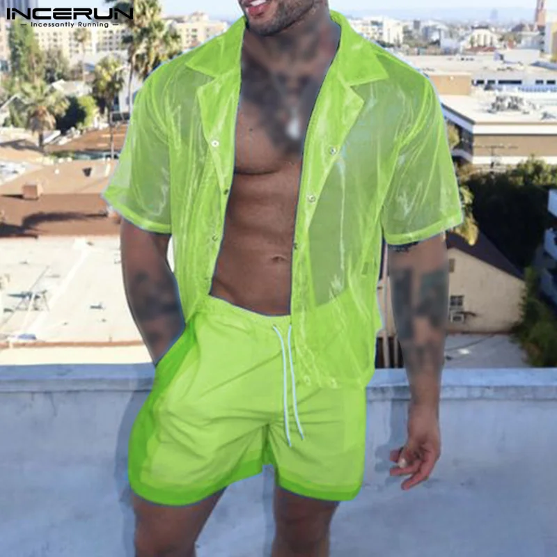 2024 Men Shirt Solid Color Mesh Transparent Lapel Short Sleeve Streetwear Men Clothing Summer Vacation Casual Shirts INCERUN 3