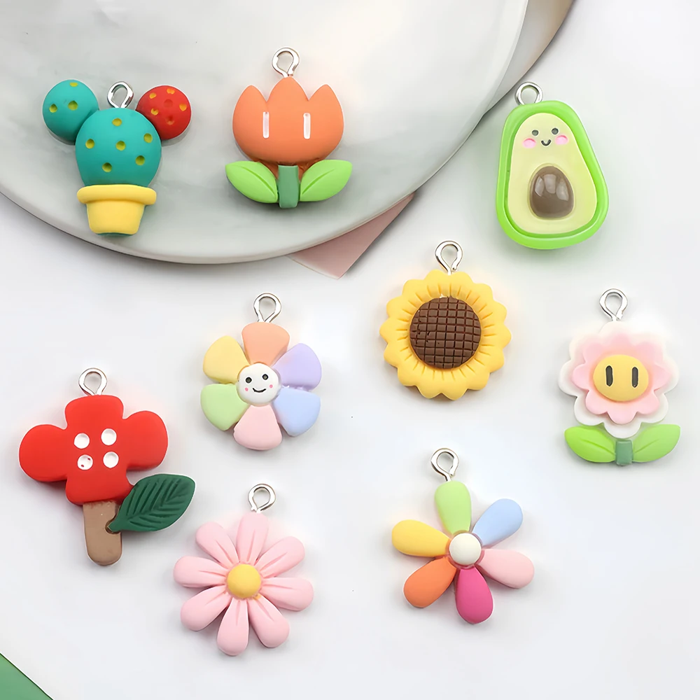 10 Stück Blumen-Harz-Charms, Avocado-Kaktus-Pilz für DIY-Ohrringe, Armbänder, Halsketten, Schlüsselanhänger, Anhänger, Schmuckherstellung