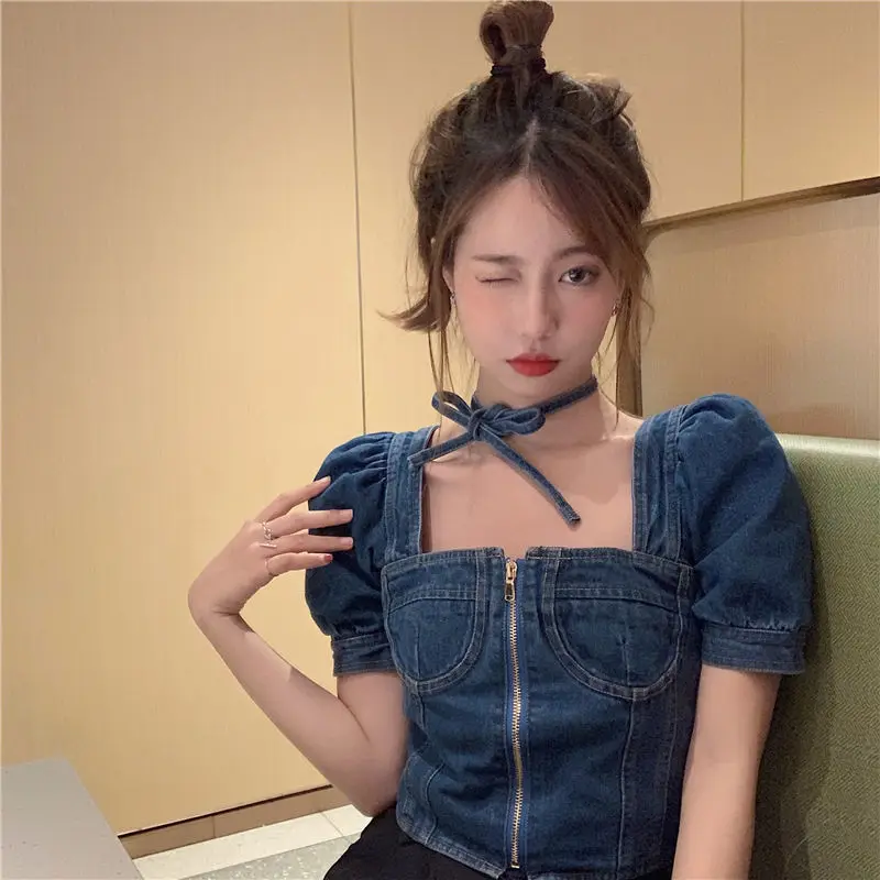 

Vintage Square Collar Women Denim Shirt Summer Short Sleeve Lace Up Slim Short Blouse Korean Style Female Cropped Tops