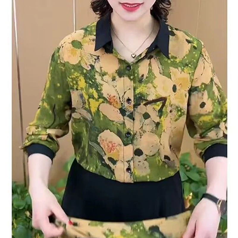 Women's Clothing Vintage Print Patchwork Button Up Shirt Spring Autumn Korean Fashion Lapel Long Sleeve Loose Blouse Ladies Tops
