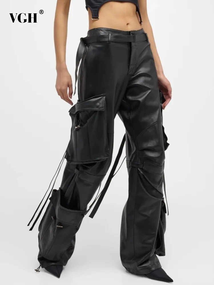 

VGH Spliced Pocket Loose Leather Full Length Pants For Women High Waist Patchwrk Belt Streetwear Solid Cargo Trousers Female New