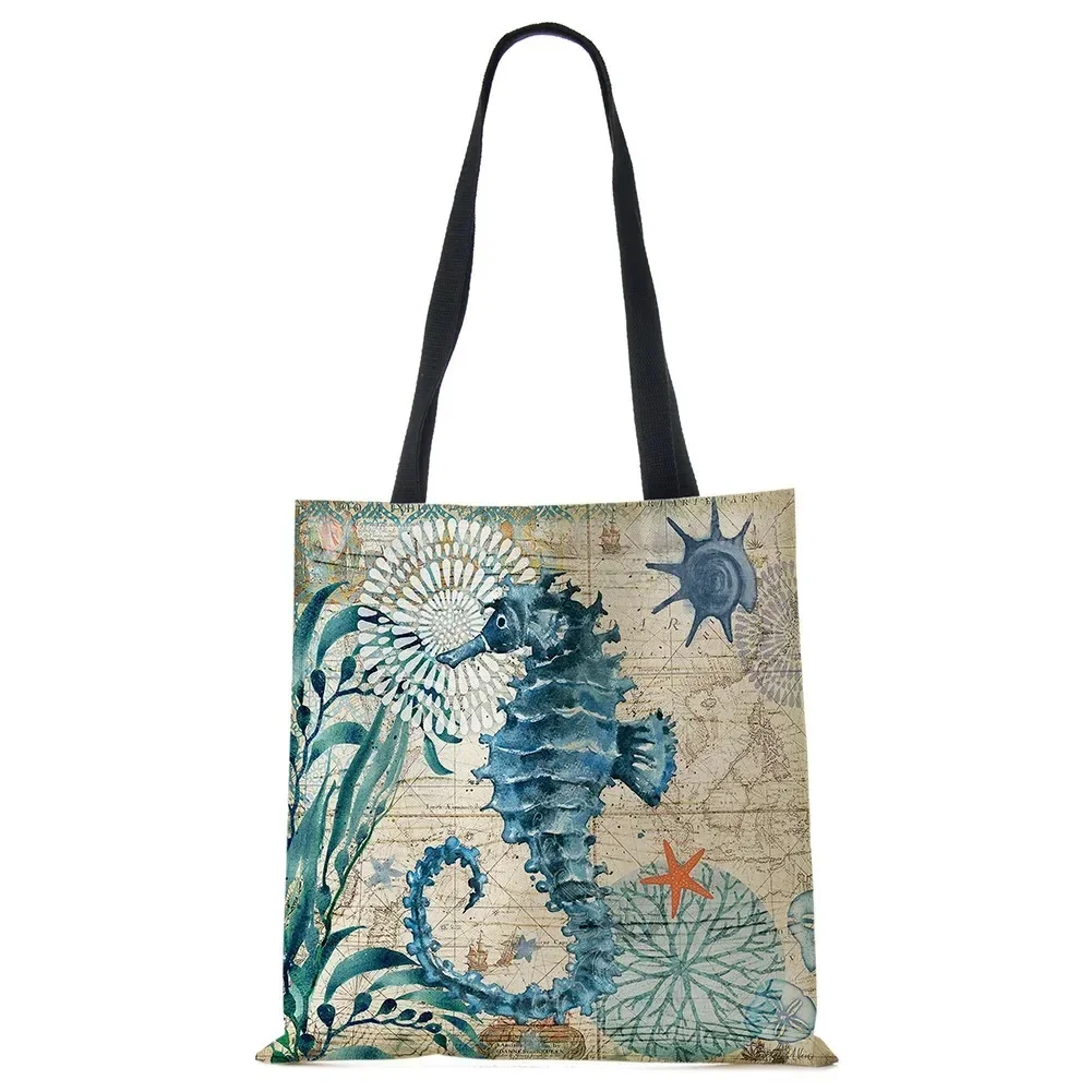 Einkaufstasche Seepferdchen Schildkröte Octopus Print Reisen Umhängetaschen Öko Leinen Einkaufstaschen für Frauen mit Druck – Detail 2