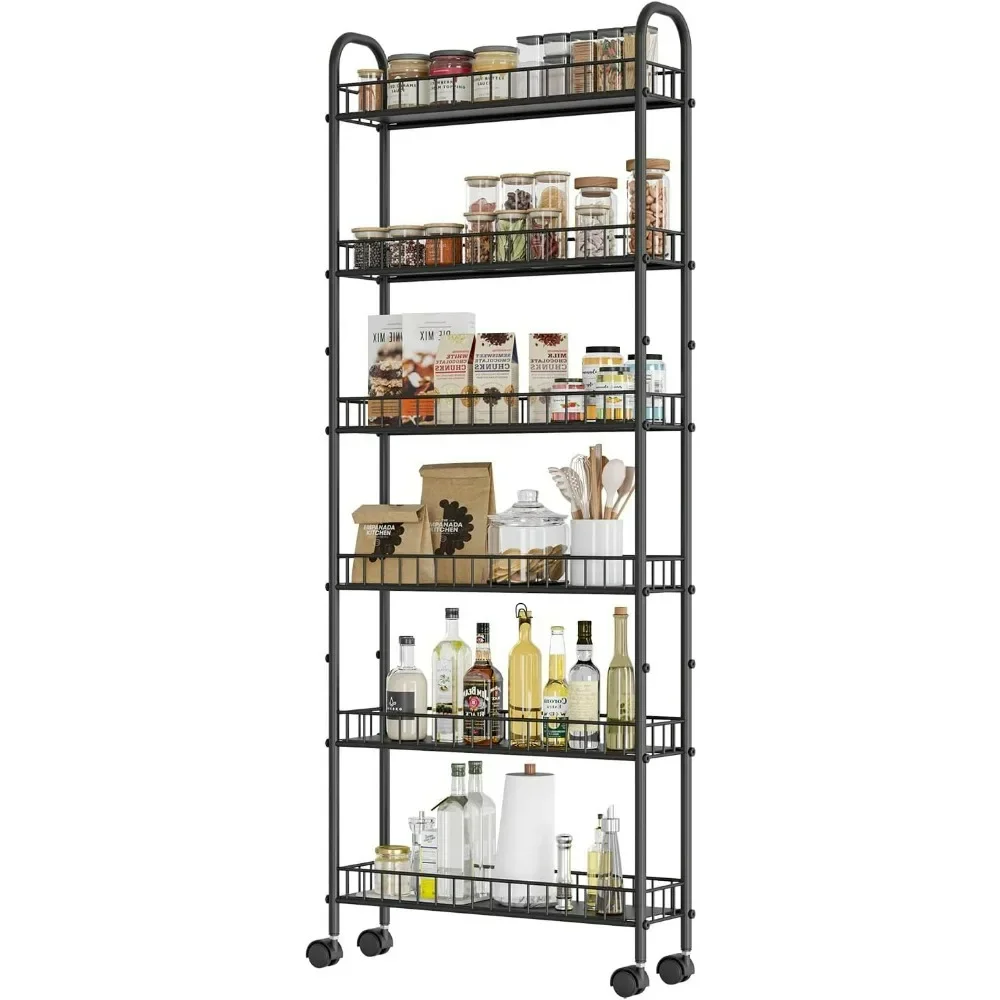 6 Tier Slim Storage Cart with Wheels, Metal Mobile Shelving Unit Organizer Utility Cart for Kitchen Laundry Room Narrow Places 6