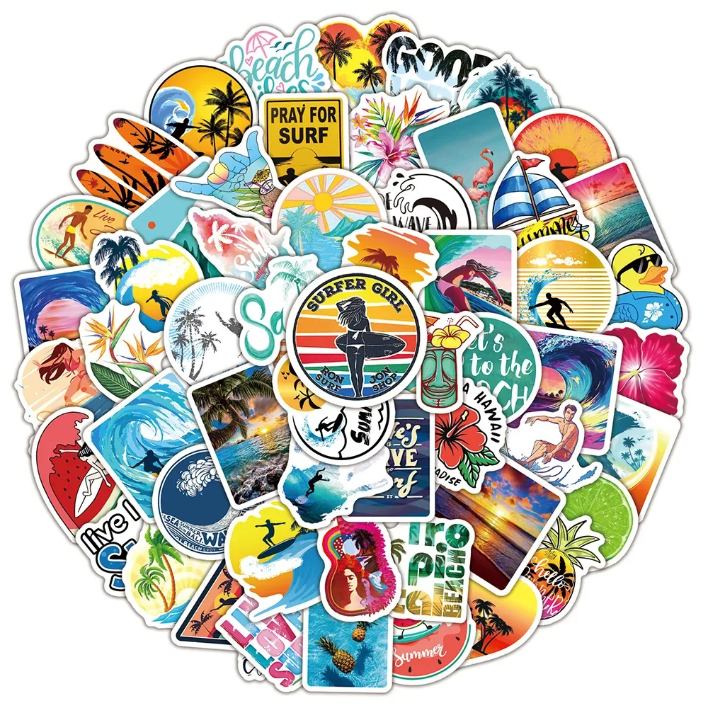 

50/100PCS Hawaii Summer Surfing Stickers Tropical Beach Surf Decals Travel Luggage Surfboard Water Bottle Sticker Kids Toy