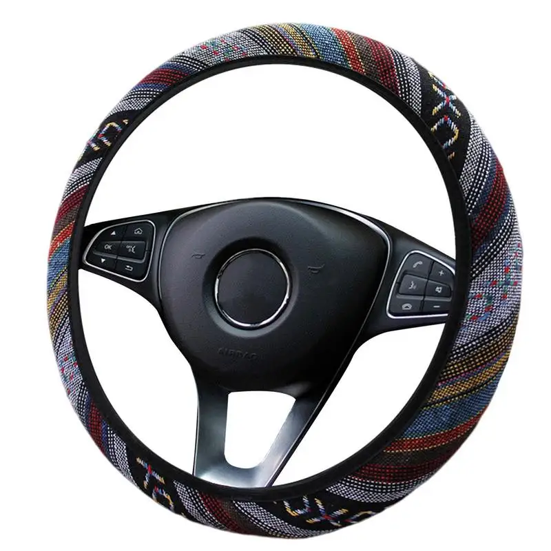

Ethnic Style Steering Wheel Cover Flax Cloth Elastic No Inner Ring Aesthetic Flax Linen Steering Wheel Cover For Various Cars