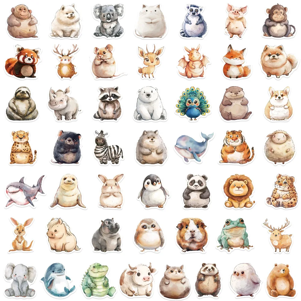 50PCS Kawaii 수채화 지방 동물 스티커 선물 DIY 어린이 노트북 수하물 오토바이 노트북 냉장고 데칼