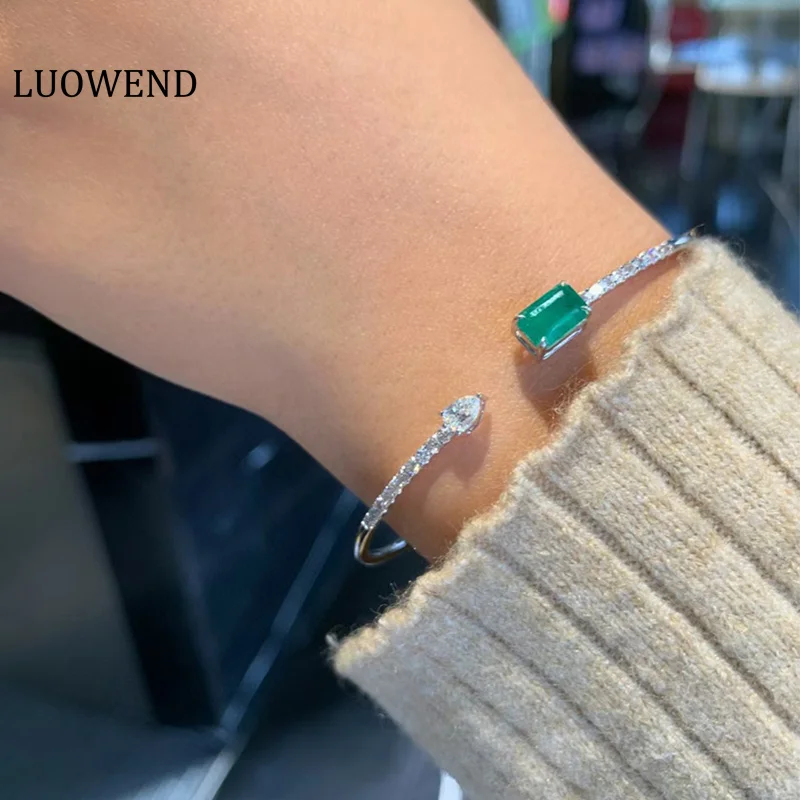 LUOWEND 100% Real 18K Au750 White Gold Bangle Natural Diamond Bracelet Gemstone Bracelet Fine Jewelry Emerald Bangle