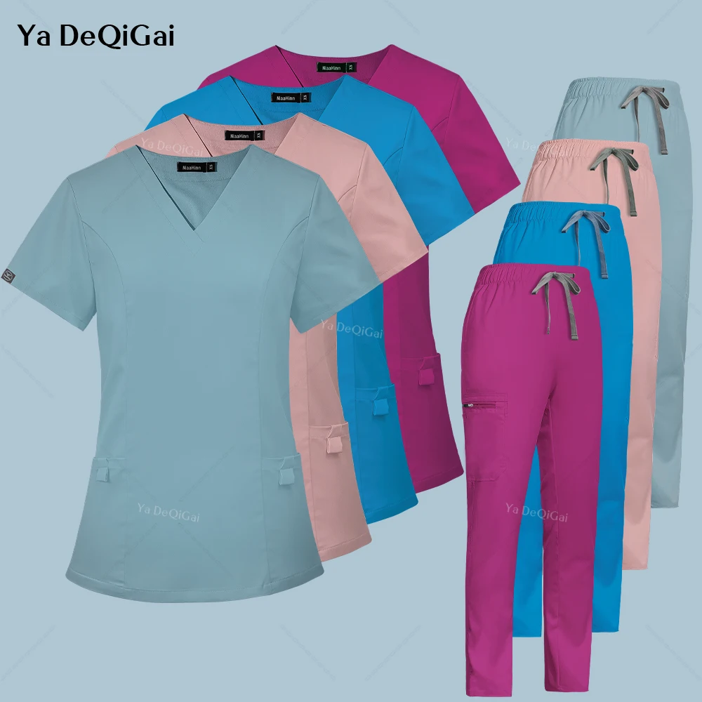 

High Quality Stretch Scrubs Tops Pants Pocket Scrubs Set Pet Grooming Workwear Doctor Nurse Uniforms Medical Nursing Accessories