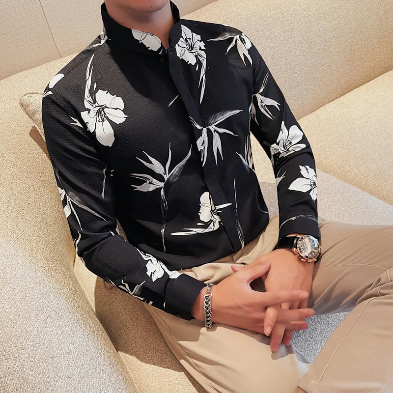 Unique Chemise Homme Floral Printed Shirt Spring Long Sleeve Men Shirts  Fashion Social Dress Men Masculina Camisas Masculinas
