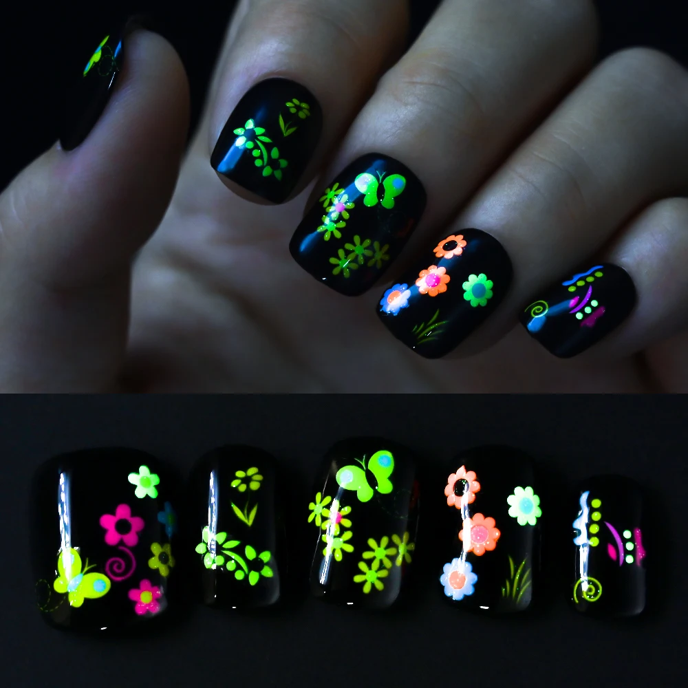 Nail stickers Nail decals Nail art decoration 24pcs Luminous Colorful Butterfly Stickers Glow in the Dark Nails Acrylic Design DIY Slider Adhesive Nail Decal Girls