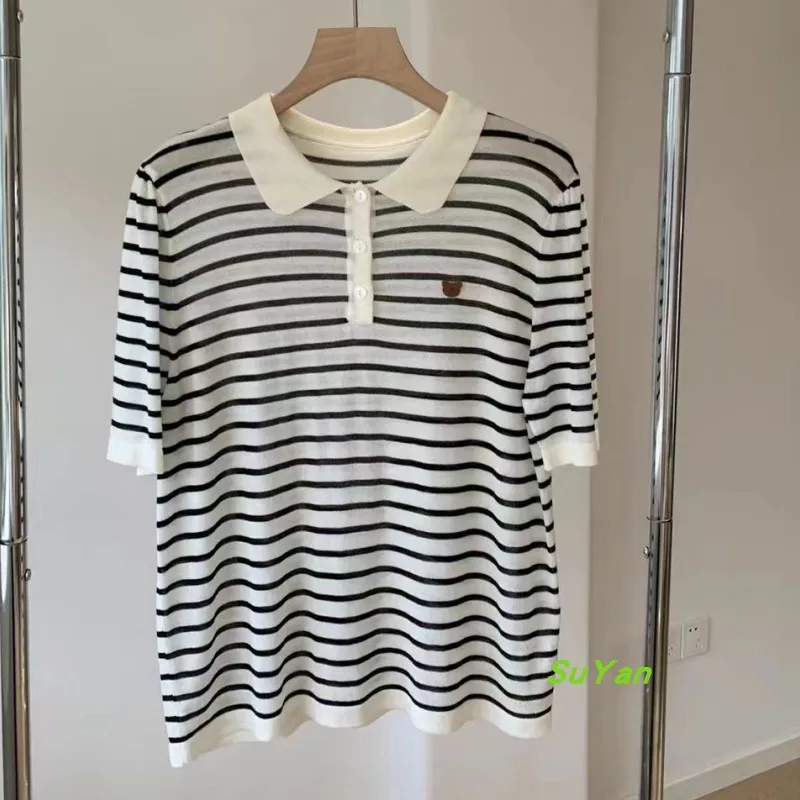 폴로 셔츠 여성 여름 얇은 얼음 실크 반팔 니트 탑 3 버튼 옷깃 베어 마킹 노화 방지 의류 