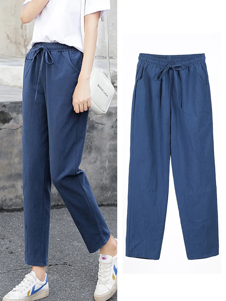 2023 Womens Spring Summer Pants Cotton Linen Solid Elastic waist Candy Colors Harem Trousers Casual Female Pants