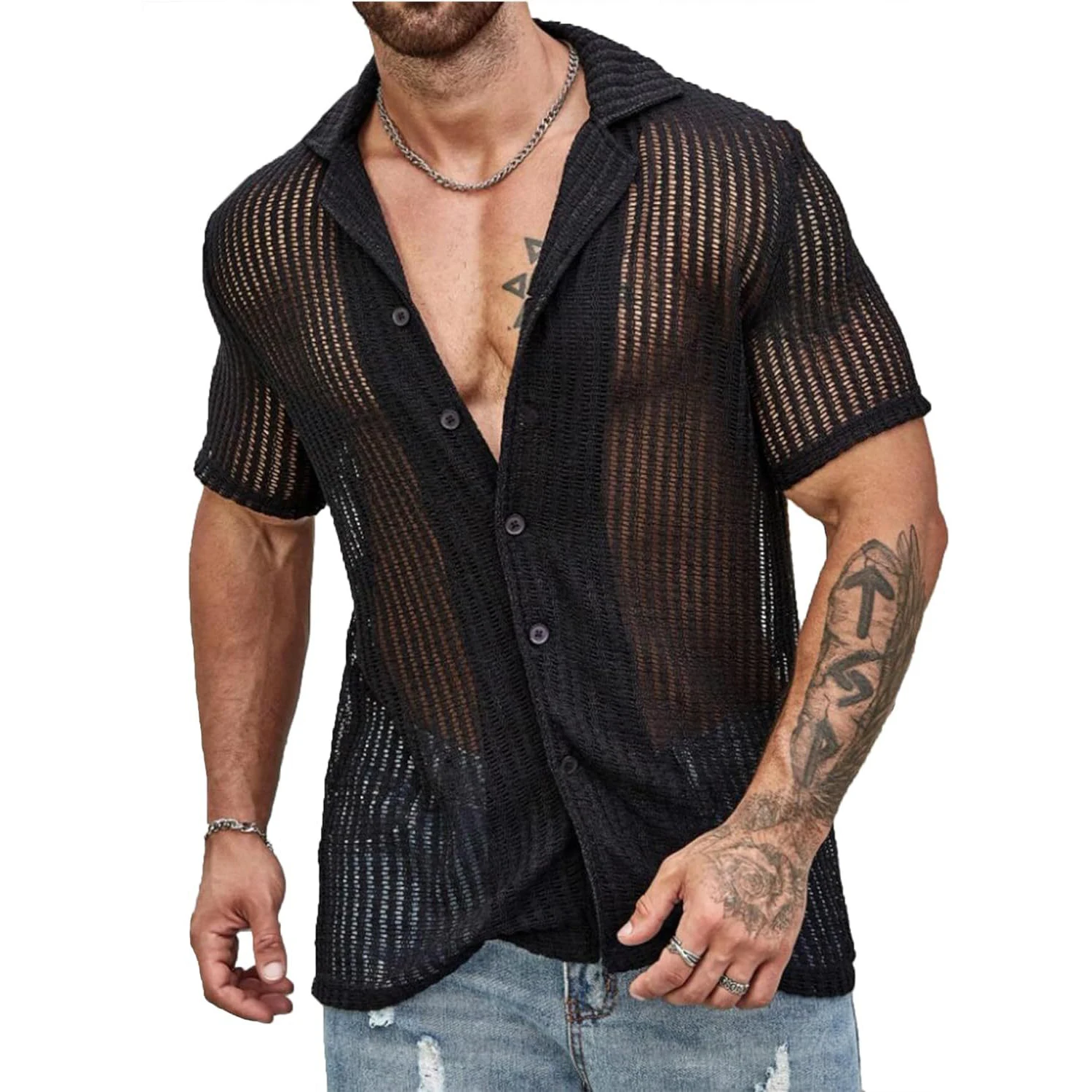 2024 New European and American Men's Casual Shirt Summer Fashion Breathable Men's Cardigan Solid Color Short-Sleeved Top Knitted