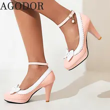 

AGODOR Women Block High Heel Rockabilly Shoes Ankle Strap Platform Lolita Shoes Bow Pumps Wingtip High Heels for Women Pumps