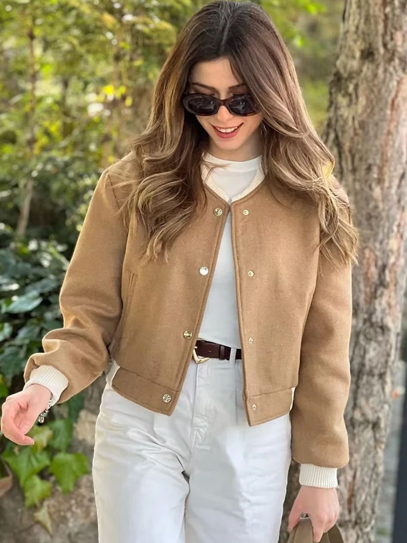 

Women Bomber Jacket With Pockets 2023 Chic Ladies Outerwears O-Neck Vintage Long Sleeve Female Fashion Casual Jackets Coat
