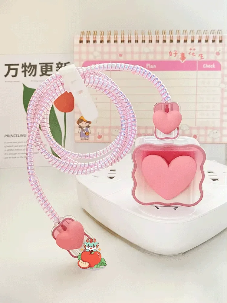 Charger Protector Cable Organiser cable organizer cable protector cable wire protector charger protective cover charger protector charger protective case phone adapter protector iPhone 14 13 Pro Max 18W 20W 3D Cartoon Love Heart Data Cable Management Cord Winder Kit