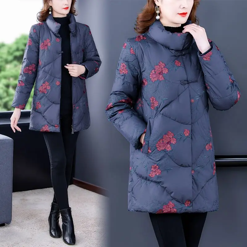 

New Women Thin Print Down Jacket White Duck Ultralight Jackets Autumn Female Warm Stand Collar Coats Portable Outwear G752