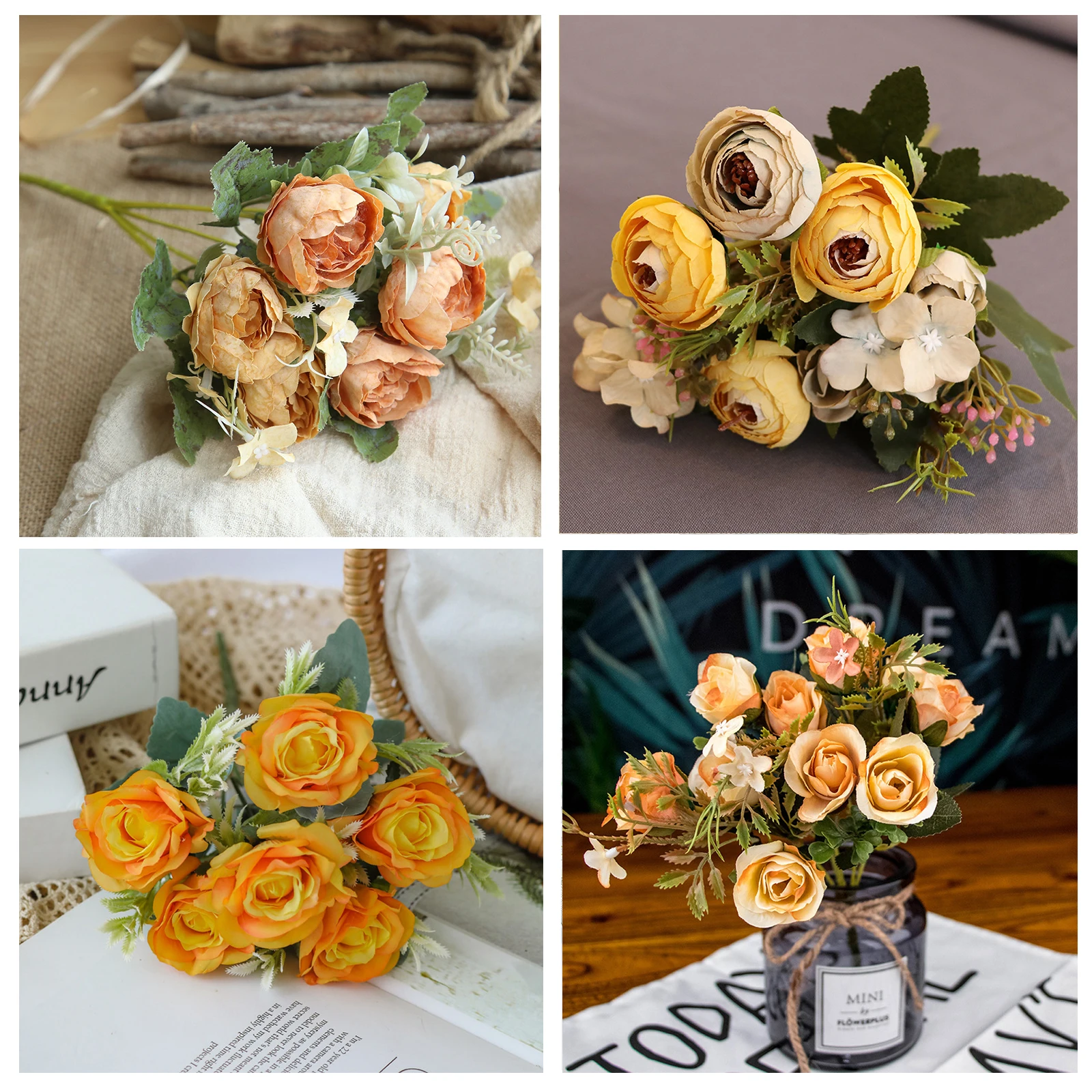 

1 Bouquet yellow Artificial Flowers Peony Tea Rose Autumn Silk Fake Flowers for DIY Living Room Home Garden Wedding Decoration