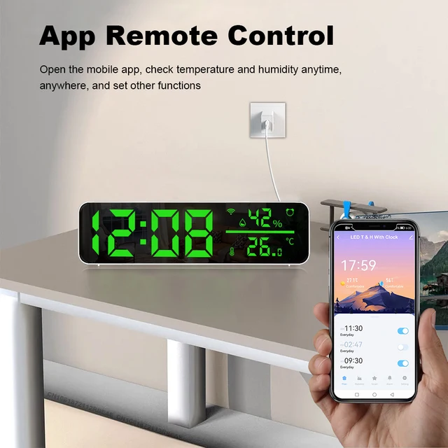 Tuya WiFi Temperature Humidity Sensor Support Time Alarm Clock Display USB Desktop Mirror LED Clocks for Living Room Decoration 2