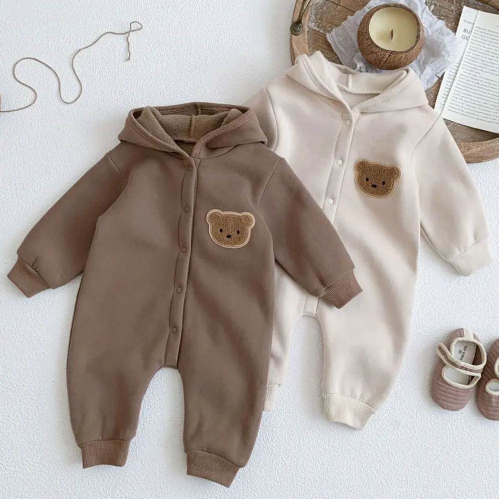 

2023 Winter Warm Newborn Baby Clothes Boys Cotton Babies Romper Cartoon Bear Long Sleeve Hooded Girl Bodysuit for 0-24M Clothing