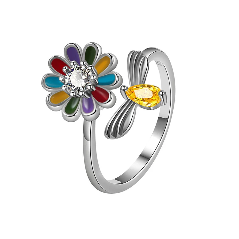 WYEAIIR Cute Bee Flower Colorful Zircon Rotatable 925 Sterling Silver Resizable Opening Ring For Women Luxury Jewelry 6