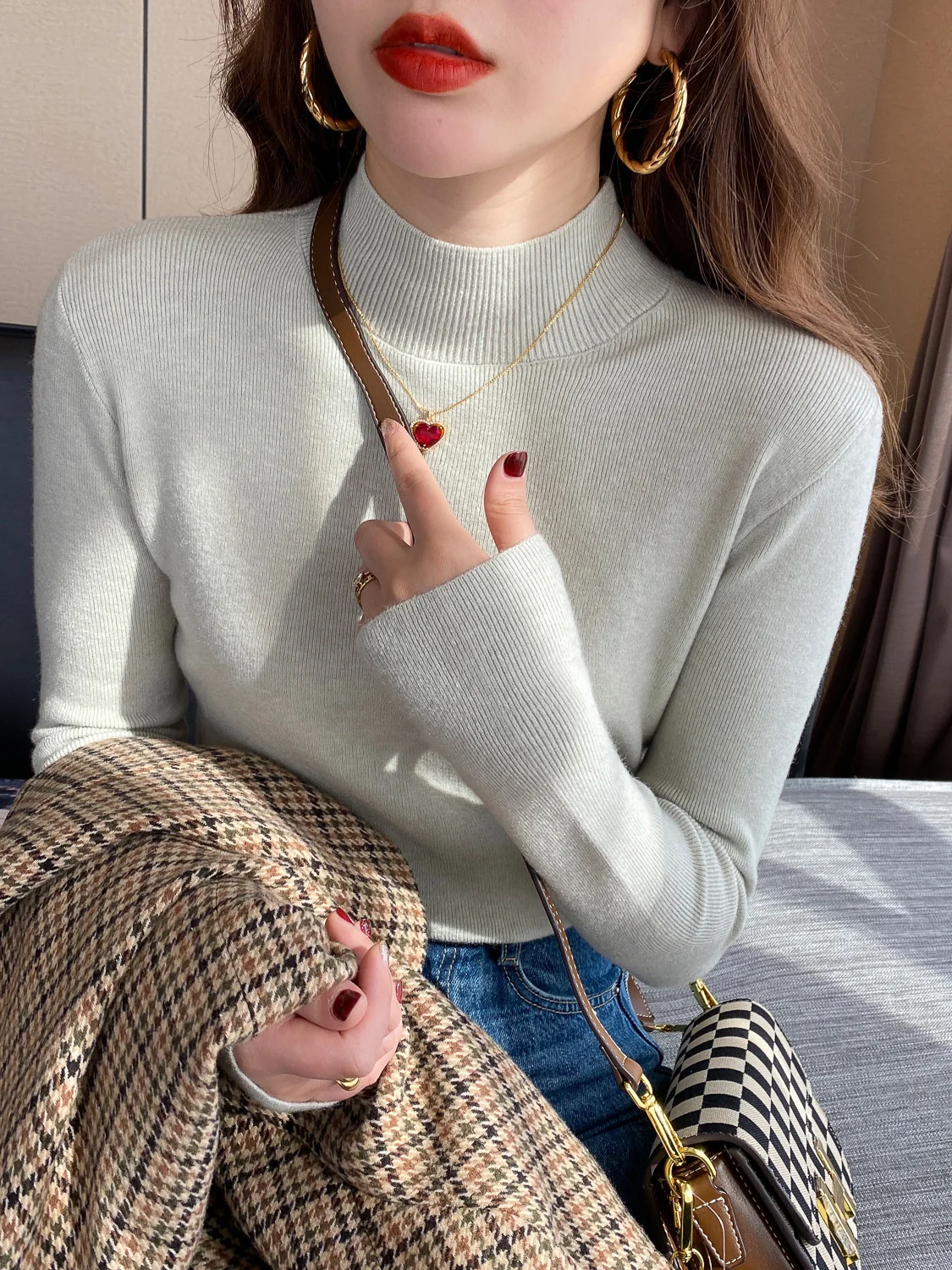 

Knitted Loose Bottomed Sweater Autumn And Winter New Style Ocean Style Long Sleeve Half High Neck Sweater QEG9