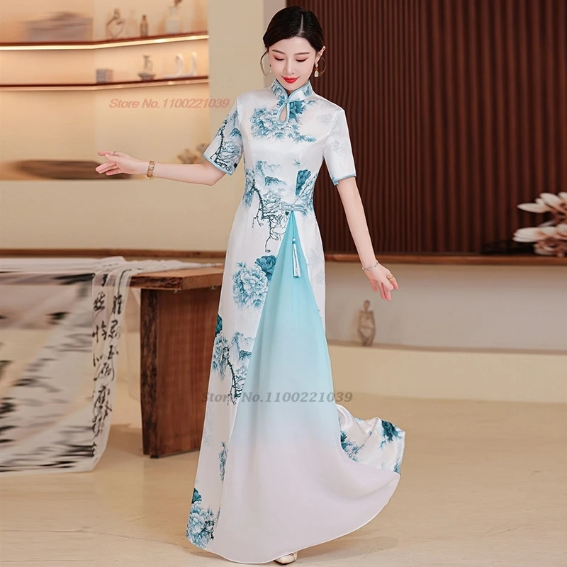 vietnam aodai dress traditional chinese improved qipao flower print cheongsam a-line dress banquet evening vestido