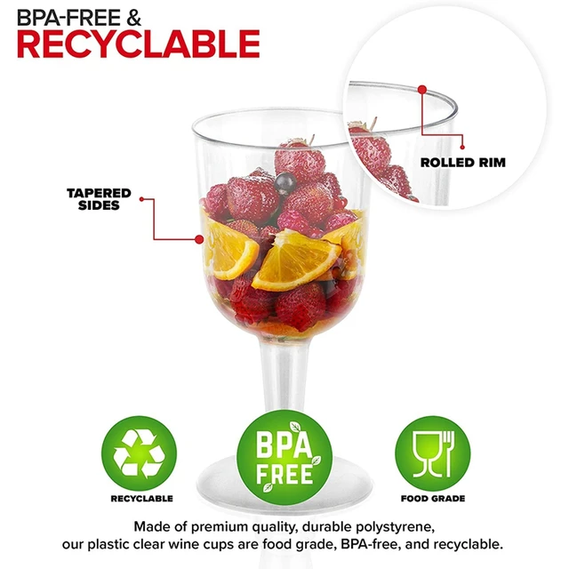 Clear Plastic Wine Glass Recyclable - Shatterproof Wine Goblet - Disposable & Reusable Cups For Champagne, Dessert
