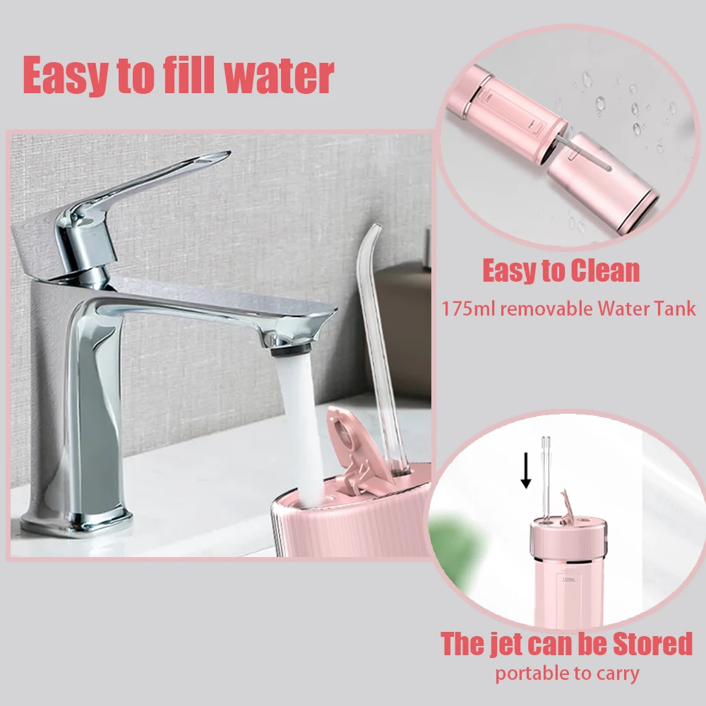 Portable Oral Irrigator Dental Water Jet Small Size for Travel Teeth Cleaner Tools 175ml Water Flosser Thread Device Pink White oral irrigator dental cleaner water flosser