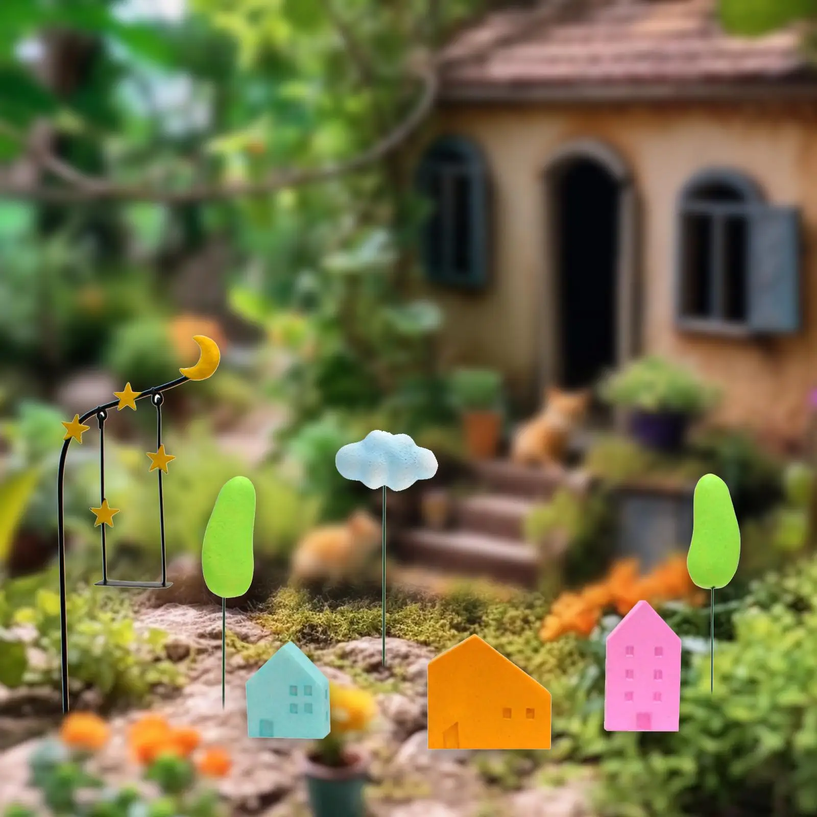 7Pcs Micro Landscape Ornaments,Miniature Resin House Ornaments, House Trees Cloud for Yard Bonsai Garden Decoration Ornaments