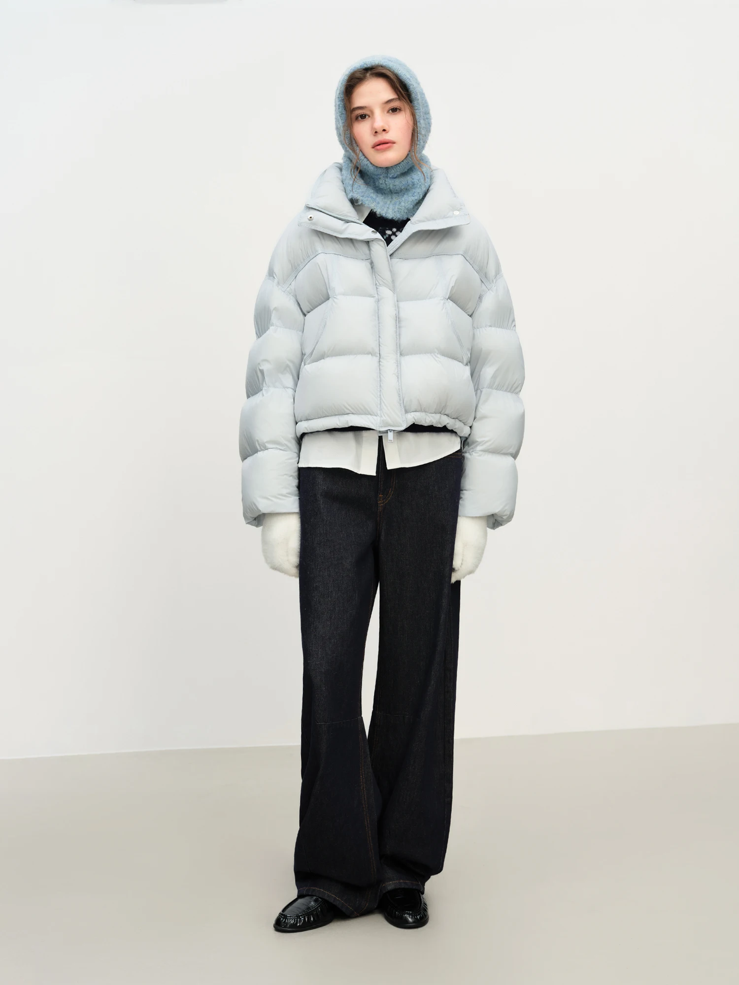 FSLE Winter 2025 Women Cloud-Like Puffer Coat - Stand Collar Short Down Jacket Lazy Chic Style Glossy Finish for Casual Comfort