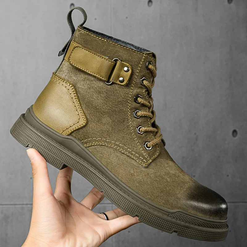 

Brand Winter Boots Lace Up Fur High Quality Plus Velvet Cowboy Style Shoes Men Thick Sole Genuine Leather Outdoor Military Boots