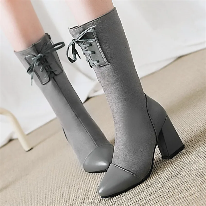 

Plus Size 32-43 Concise Pu Zipper Women Boots Thick High Heels Winter Boots Female Narrow Band Mid Calf Boots