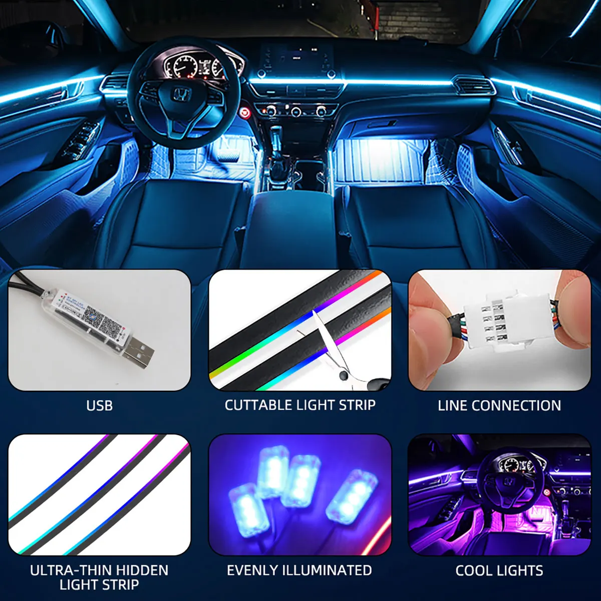 LED Symphony Ambient Lights USB Full Color Car Interior Streamer RGB LED Neon Hidden Acrylic Strip Decoration Atmosphere Lamp Led Strip Lights Led Car Lights Led Lights Led Atmosphere Lamp Led Light Strip Led Car Decoration Lamp Car Ambient Lights Led Atmosphere Lighting