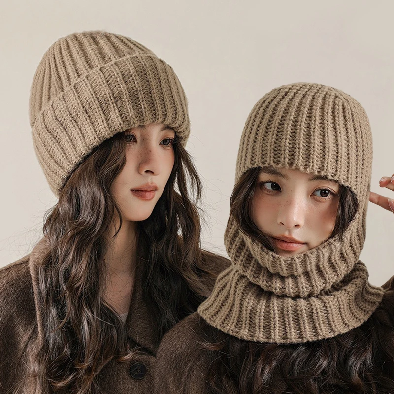 2 In 1 Mask Pullover Cap for Women Winter Warm Woolen Knit Headgear Bonnet Full Face Shield Balaclava Hat Hooded Beanies