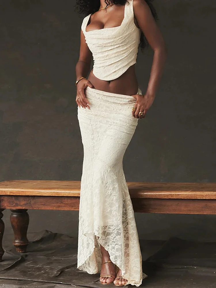 Tossy Lace Bandage 2 Piece-Set Long Skirt Female Patchwork Fashion Backless High Waist Elegant Lace-Up Maxi Skirt Sets Outfits
