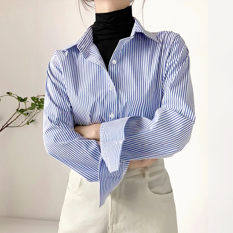 Women Casual Striped Blue White Long Sleeve Shirt