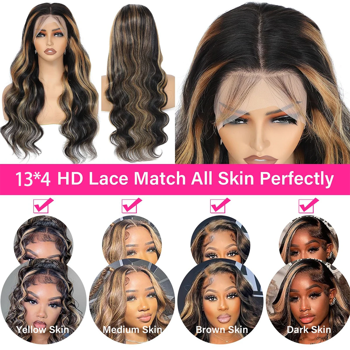 1B/27 Body Wave 13x4 Lace Frontal Highlight Wig Human Hair Brazilian 200 Density 30 Inch Ombre Blonde Colored Human Hair Wigs 4