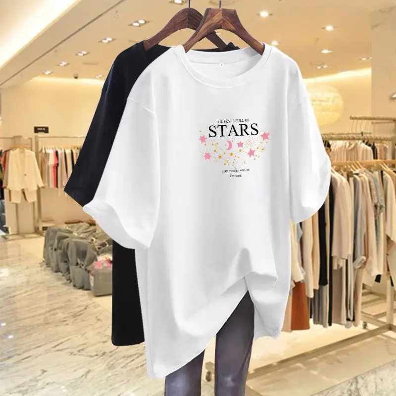 

Summer Star Moon Letter Chic Printed 100 Cotton Pullover Women Short Sleeve O-neck Basics T-shirt M-6XL Lady Loose Casual Tops