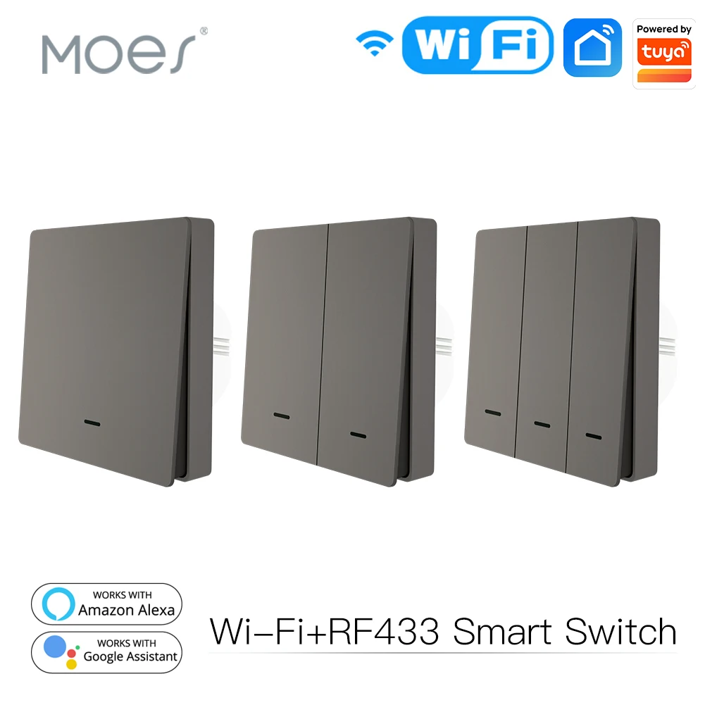 Wireless light switch MOES WiFi Smart Push Button Wall Light Switch RF433 Transmitter Smart life Tuya App Remote Control Works with Alexa Google Home
