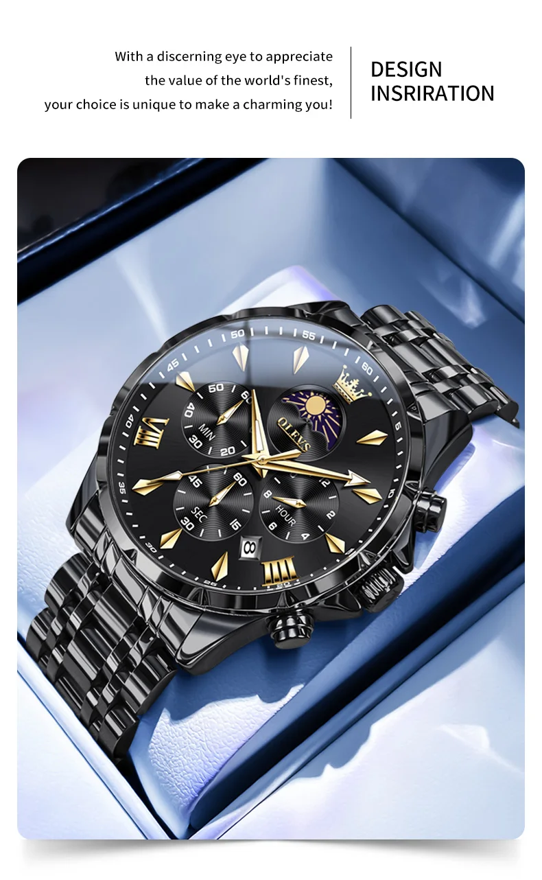 OLEVS 3653 Moon Phase Men Watch Luxury Brand Quartz Watch Fashion Original Waterproof Luminous 24-hour Automatic Date Men Watch
