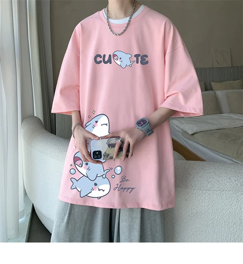 Men's Cotton T-shirts White Men Oversized T Shirt Anime Shark Print Summer Casual Wear 5XL Tee Shirts Big Size Male Clothes