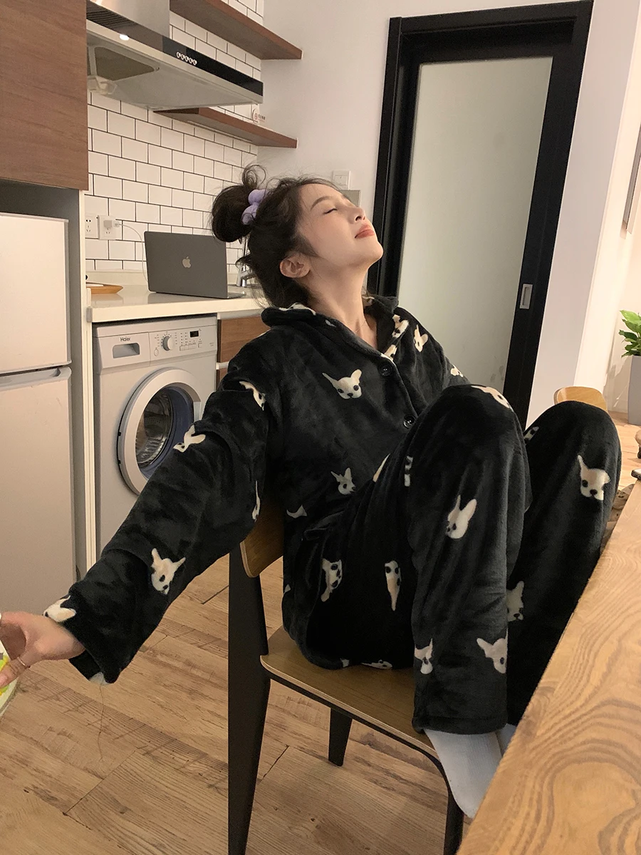 Korean version 2023 autumn winter new style plus velvet thickened coral velvet pajamas set women's comfortable home wear chic