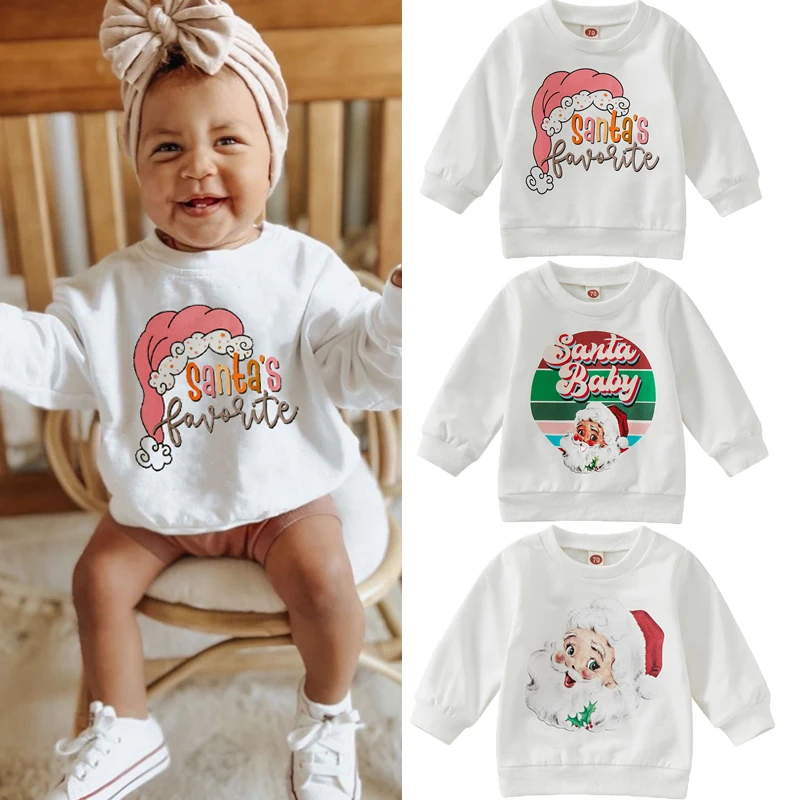 Christmas Baby Girls Boys Sweatshirts Cartoon Santa Letter Print Long Sleeve Soft Cotton Casual Pullover Tops for Toddler Infant
