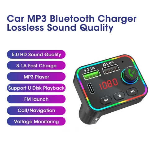5.0 FM Transmitter Car MP3 Player Atmosphere light Wireless Handsfree Audio Receiver USB Fast Charge TF U Disk play