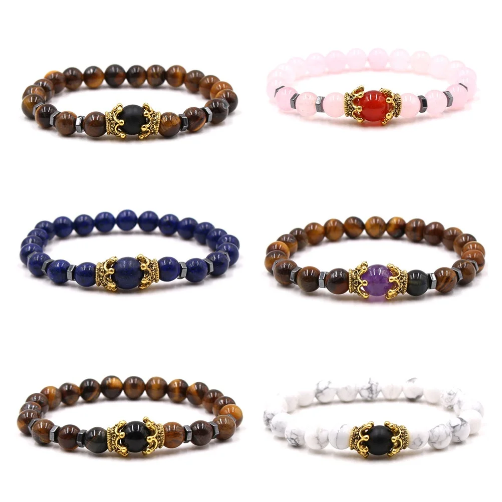 

10pcs Natural Stone Bead Bracelets for Men Crown Mate Beads Tiger Eye Stone Handmade Beaded Bracelets Jewelry