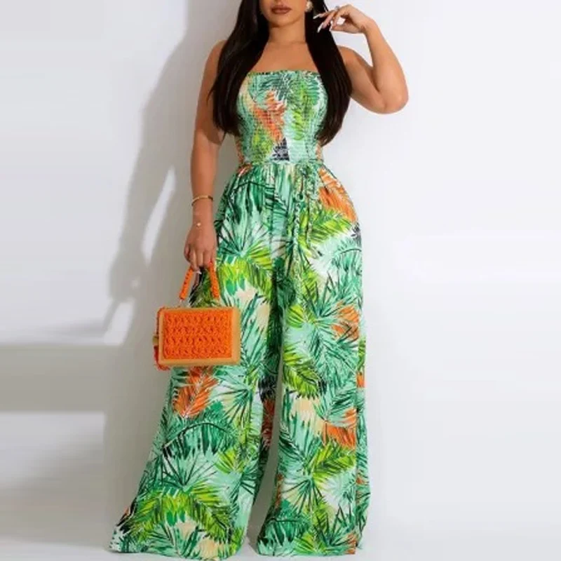 

Summer Sleeveless Flower Print Jumpsuit New Elegant High Waist Backless Wide Leg Playsuit Female Off Shoulder Tie-up Long Romper