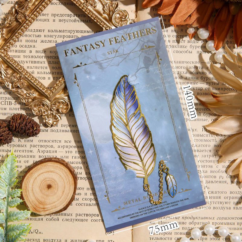 Vintage Feather Bronzing Metal Bookmark with Metal Chain Pendant for Book Lovers