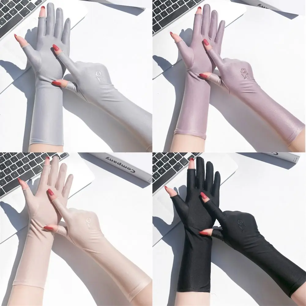 Women Girls Mid-long Sunscreen Gloves Summer Spring Thin Elastic Anti UV Driving Gloves Slip Resistant Etiquette Gloves