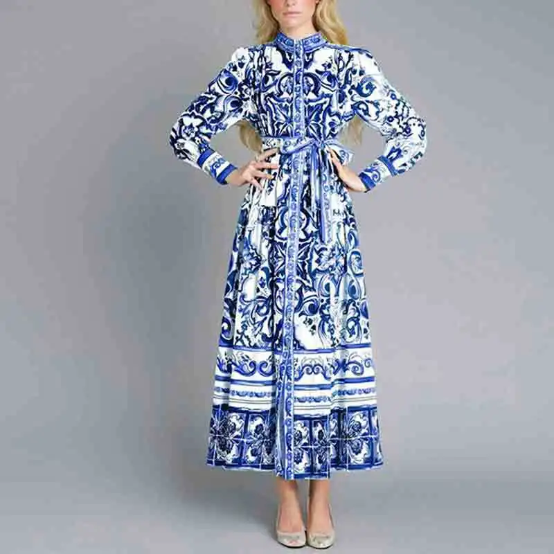 Feminino retro impresso a linha vestido longo elegante lanterna manga lapela camisa plissado vestidos de festa feminino primavera grande bainha vestido 42 Scd832ec357dc42a7be3df21d9b3dc052A